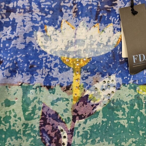 French Dressing Jeans XXL Floral Graphic Burnout Tee Art Rhinestones New - Picture 3 of 11